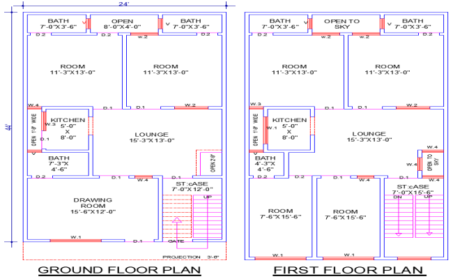 24x44 House Plan with 6 Bedrooms and 2 Kitchens CAD Drawing File