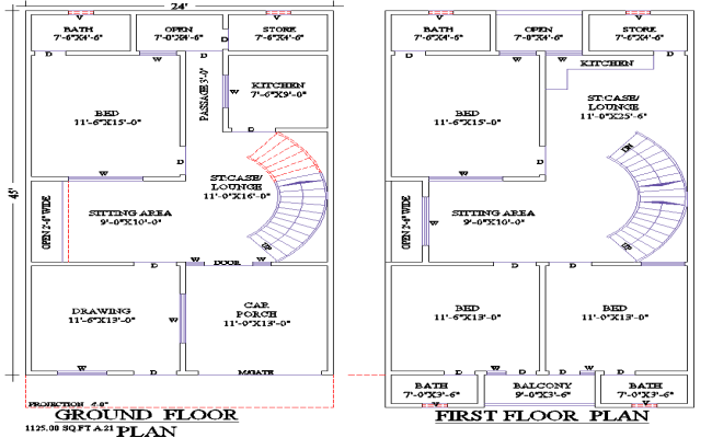 24x45 House Plan with Car Porch 3 Bedrooms Balcony DWG File