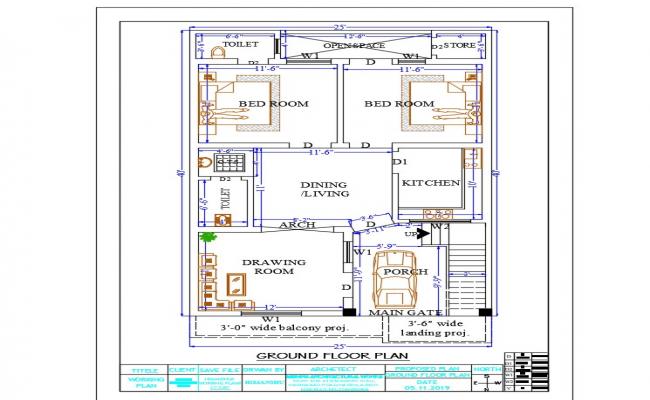 25 'X 40' House Plan North Facing DWG File 