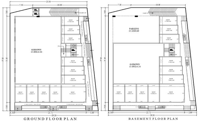 25.50m x 37m Basement and Ground Floor Shop Layout Plan with Godown and Parking Plan AutoCAD DWG