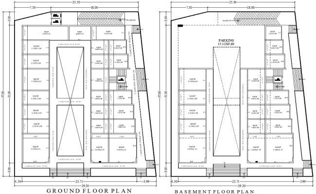 25.50m x 37m Commercial Building Ground and Basement Floor Plan With Shops Plan AutoCAD DWG 