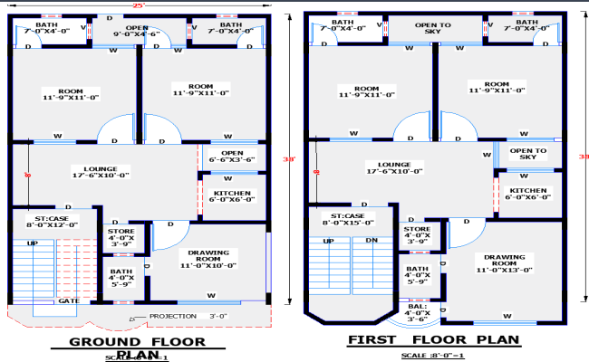 25x38 Two-Storey Residential House Plan in AutoCAD File