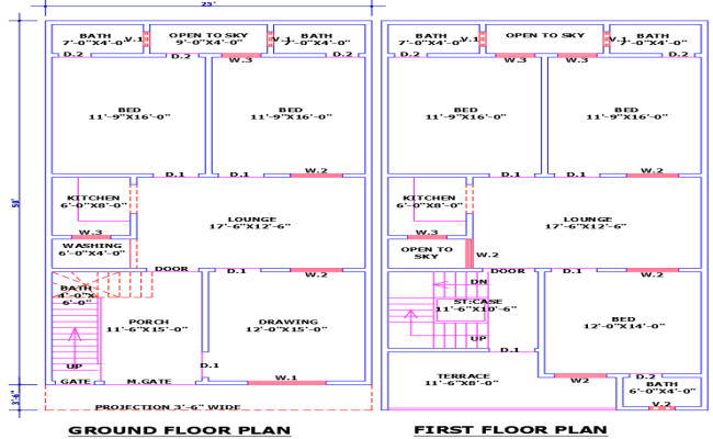 25x50 feet house plan with 5 beds 2 kitchens 2 halls