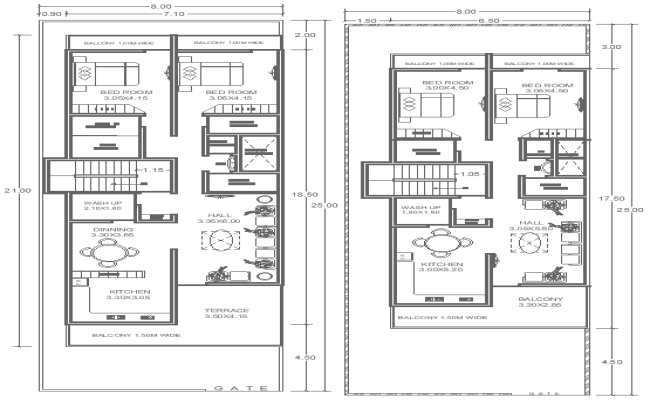 25m×8m 2BHK Home Layout AutoCAD DWG Floor Plan File