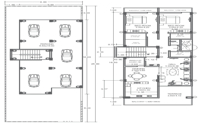 2BHK Residential DWG Plan 25m×8m with Parking Space
