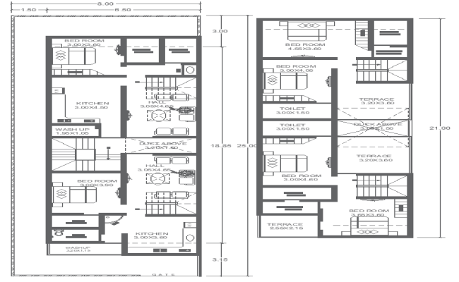 AutoCAD DWG 3BHK Floor Plan Design for 25m×8m House Plot