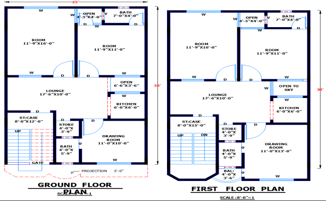 DWG Drawing of 25x38 Residential House with Two Floors
