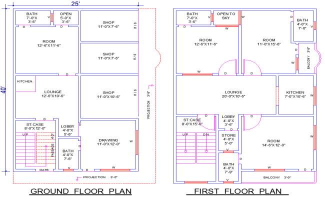 25x40 House plan DWG With four bedrooms 2 living rooms and shops