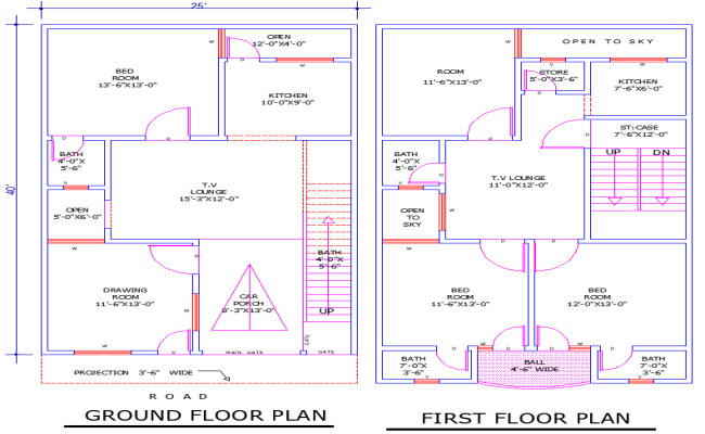 25'x40' House Plan DWG with 4 Bedrooms and 3 TV Lounges