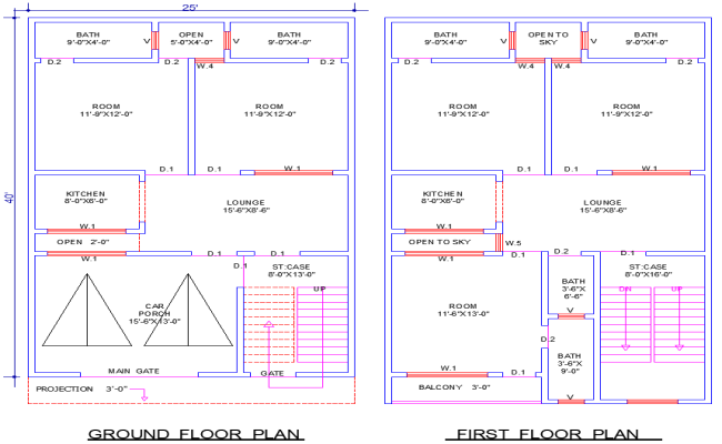 25x40 House Plan CAD Drawing with 5 Bedrooms and 2 Drawing Rooms