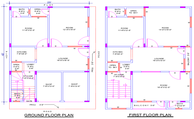25x40 House Plan CAD with 5 Bedrooms, Shops, Lounges and Balcony