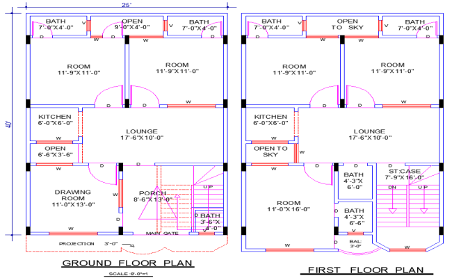 25x40 House Plan CAD Drawing with 5 Bedrooms and 3 Living Rooms