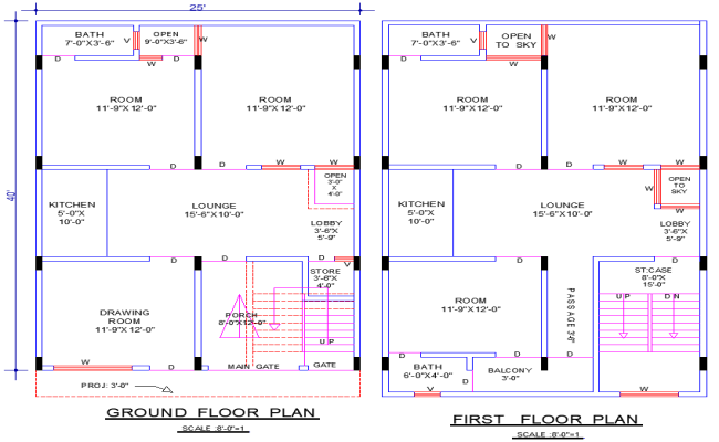 25x40 House Plan DWG CAD File with 5 Bedrooms and 3 TV Lounges