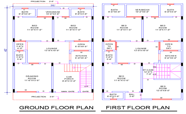 Spacious 25x40 House Plan DWG with 6 Bedrooms and 3 Living Rooms