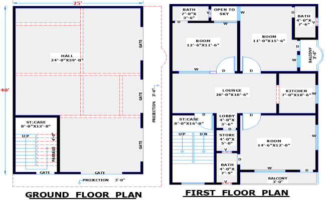25x40 Two-Story House Plan with Spacious Rooms in DWG File