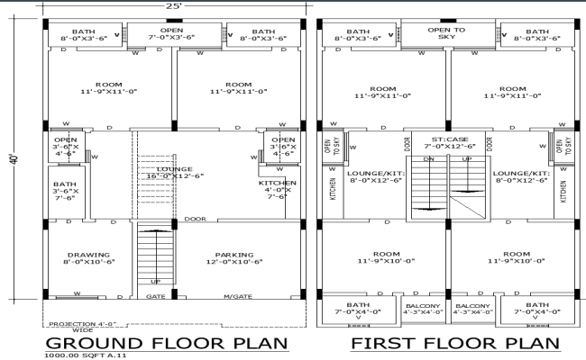 25x40 Modern House Plan with Balcony and Parking in DWG File