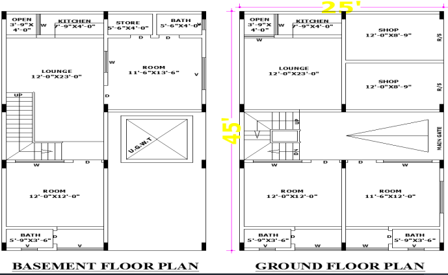 25x45 Residential and Shop DWG Layout with Basement