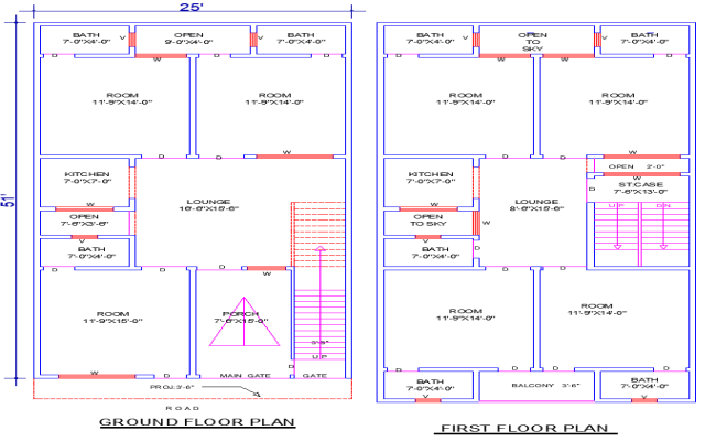 25'x51' Residential House Plan with Balcony and Multiple Baths