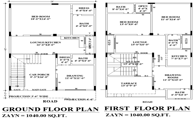 2-Story 26x43 House Plan DWG File with 1040 Sq Ft Area