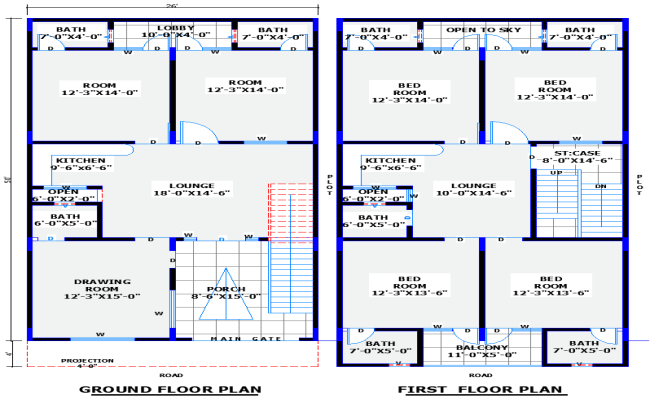 26x50 2-Story House Plan with Ground Floor plan in CAD File