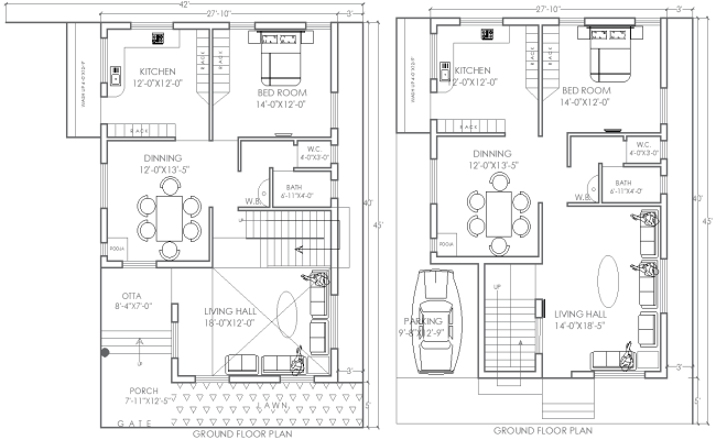 27.10x45Feet Ground Floor Two House Plans in AutoCAD File