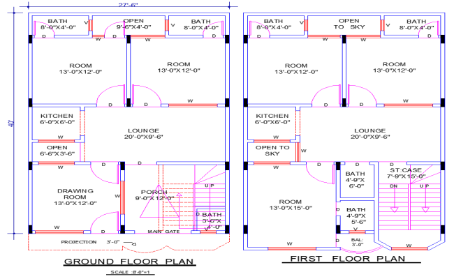 27'6"x40' House Plan DWG Design with 4 Bedrooms & 7 Baths