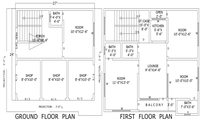 27ftx24ft Ground Floor Shop with First Floor House Plan DWG CAD File