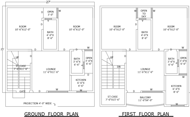 27ft×25ft AutoCAD Floor Plan for 4BHK Residential Home