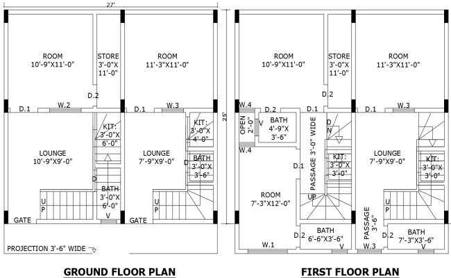 27ft x 25ft Ground and First Floor House Plan  AutoCAD DWG