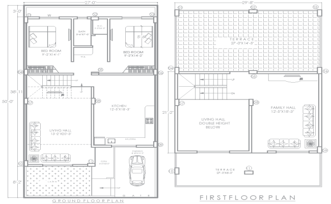 27ftx50ft 2BHK Ground and First Floor House Plan DWG File
