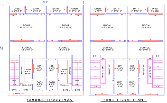27'x40' House Plan DWG with 4 Bedrooms and 8 Baths Layout