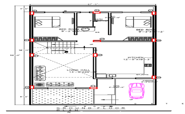 27x50 house plan with lawn and parking in AutoCAD format
