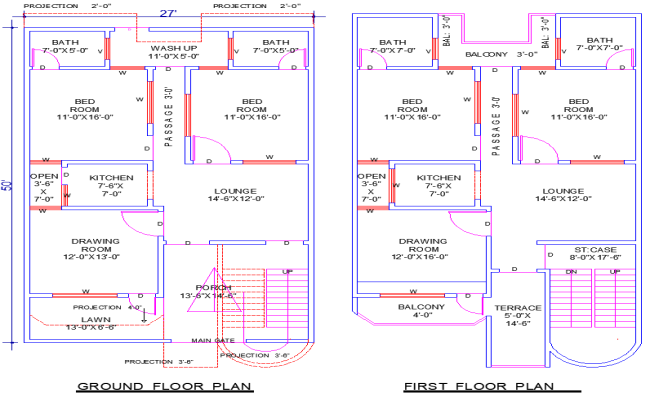 27'x50' House Plan DWG with 4 Bedrooms and 4 Lounges Design
