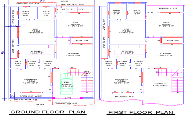 27'x50' House Plan DWG with 4 Bedrooms and 6 Bathrooms