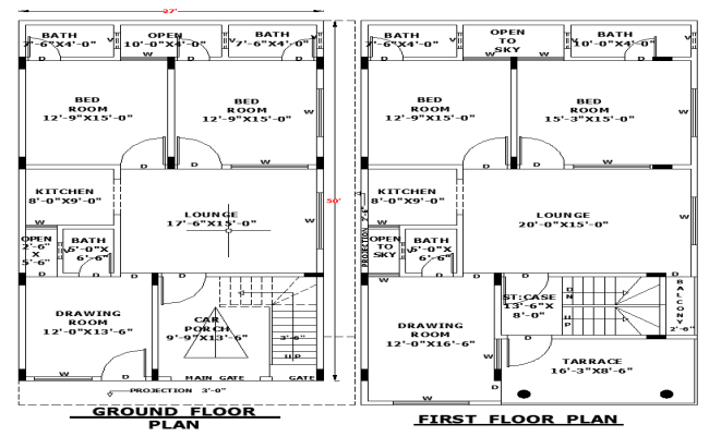 Detailed 27x50 Single-Storey Residential House Layout in DWG Format