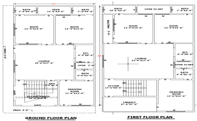 Detailed 27x50 Residential House Plan with CAD Drawing Format