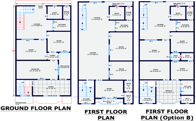 27x50 Residential House Plan DWG with Ground and First Floor