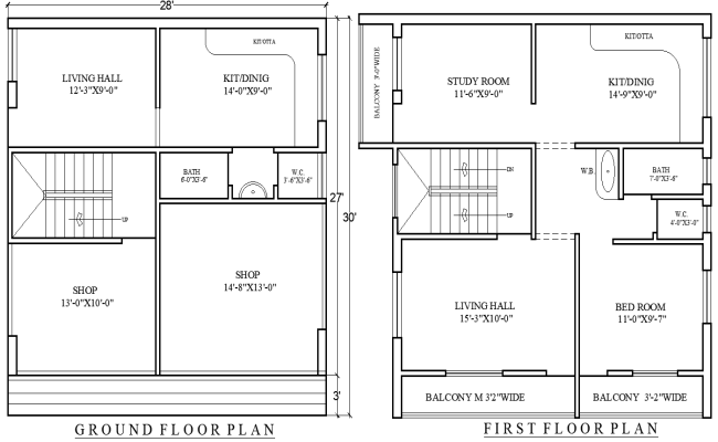 28x30Ft House Plan with Shop on Ground and First Floor