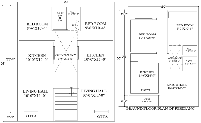 28ftx36ft Residential Ground Floor Layout in CAD Drawing