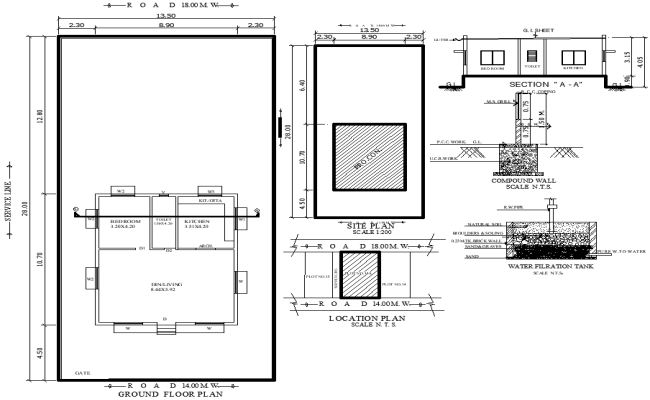 28m x 13.50m 1 BHK House Plan with Site and Section Plan Details  AutoCAD DWG File