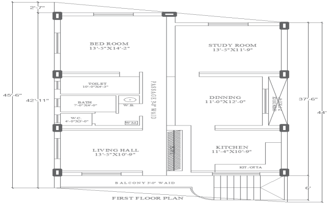 29ftx45.6ft First Floor House Plan Layout Design DWG File