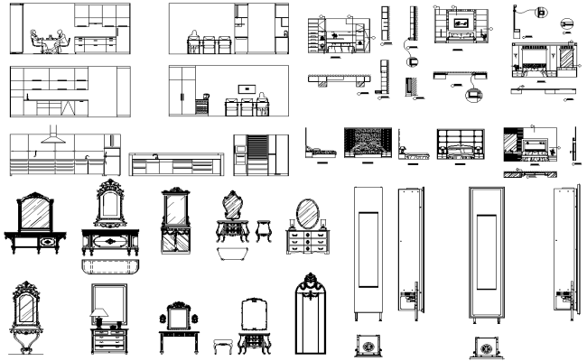 2D CAD Blocks of Dining Area Interior and Dressing table With Mirror Design DWG AutoCAD file