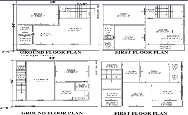 30x24 House Design with Two Layout Options in AutoCAD File