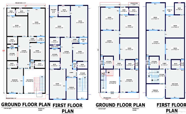 Two Unique 27x50 House Plans DWG Design with AutoCAD Layout