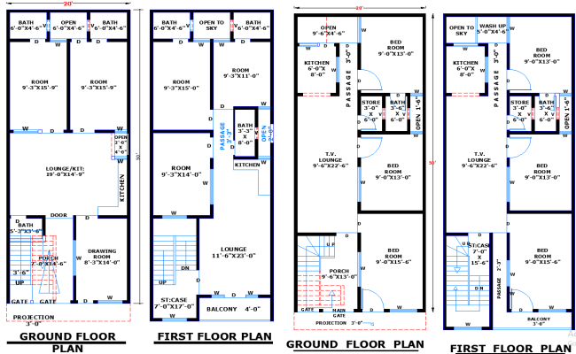 20x50 Two-Story Residential House Plan in AutoCAD DWG Format