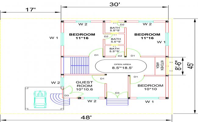 2d house plan plot size 48'x45'