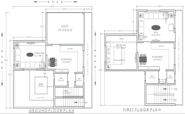 Ground & First Floor House Plan 30.6ftx30ft in DWG File