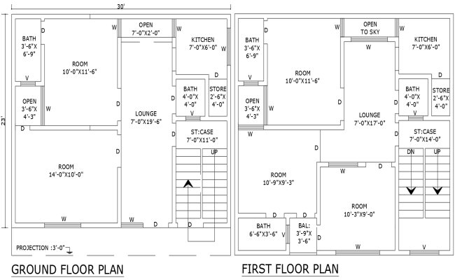 30ft×23ft Two-Floor Residential House DWG Design Plan