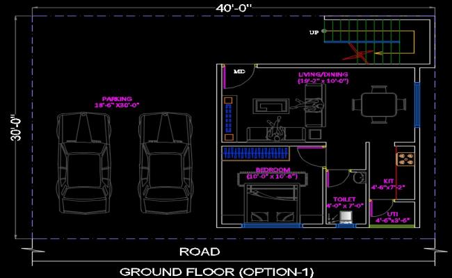 30X40 Plan Ground Floor With Car Parking AutoCAD Drawing