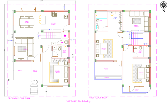 North-facing 30x40 feet house plan with modern design